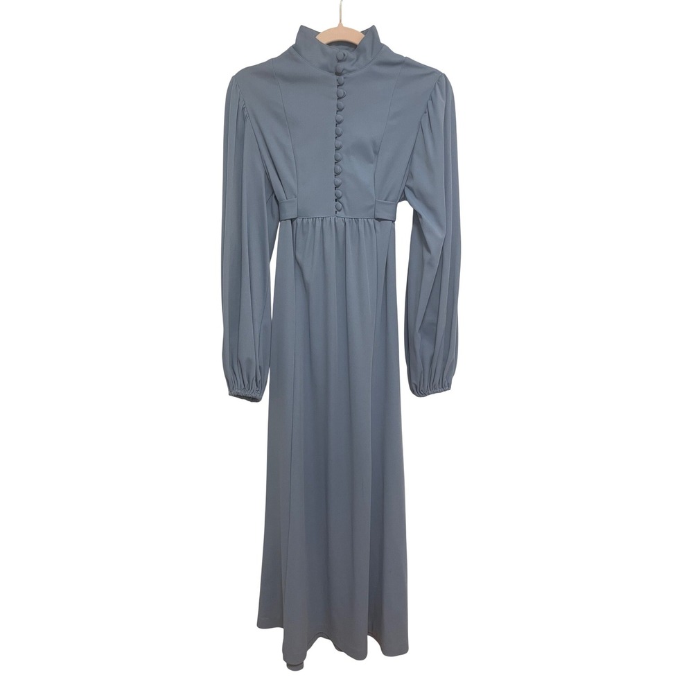 Vintage 70s Maxi Dress Slate Blue High Neck Empire Waist Size 11